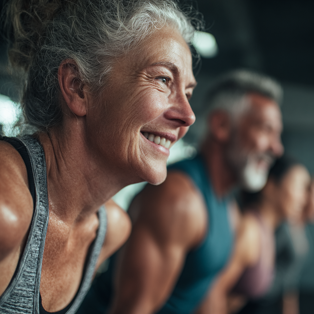 Mature adults engaged in group fitness training session showing strength and determination