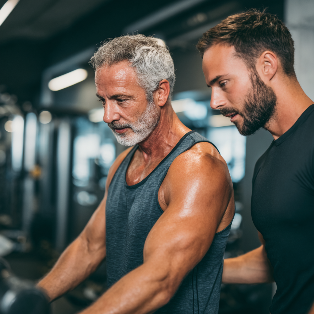 Professional fitness trainer working with middle-aged adult in modern gym environment